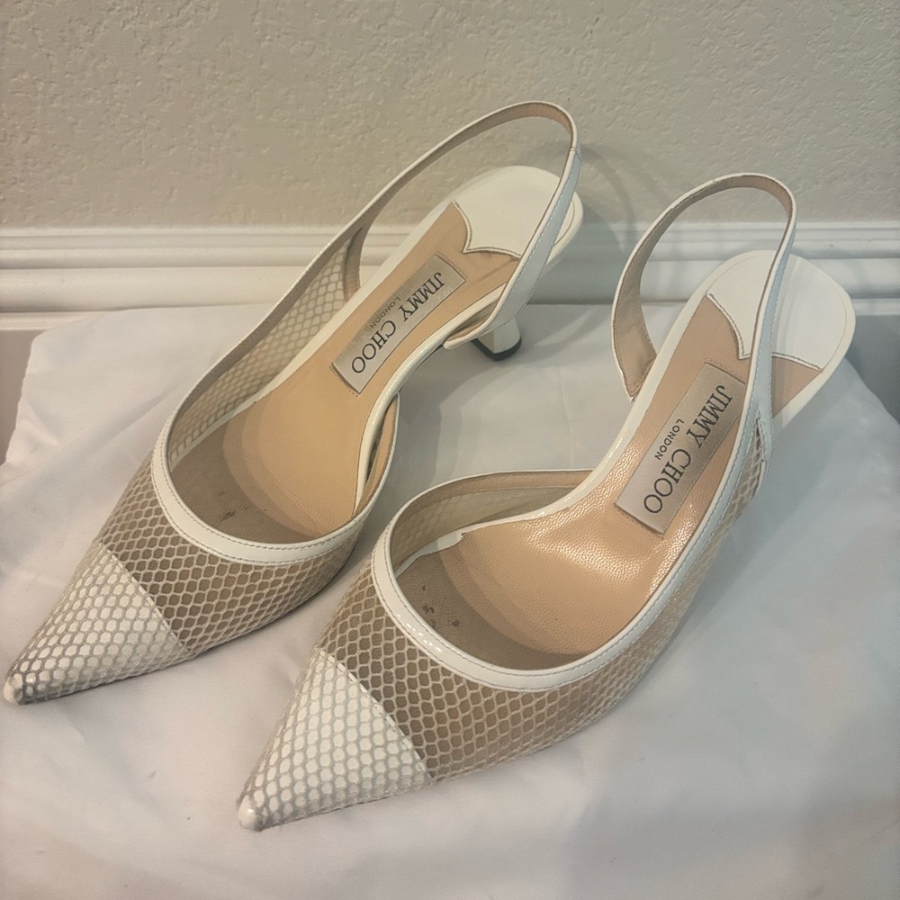 Jimmy Choo Cream and White Mesh Slingback Heels
